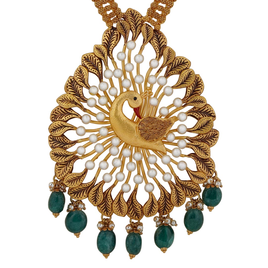 Antique Gold Peacock Haram Necklace with Pearls - Fushion Haram