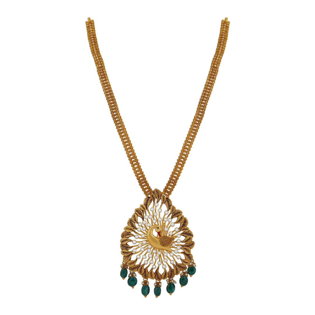 Antique Gold Peacock Haram Necklace with Pearls - Fushion Haram