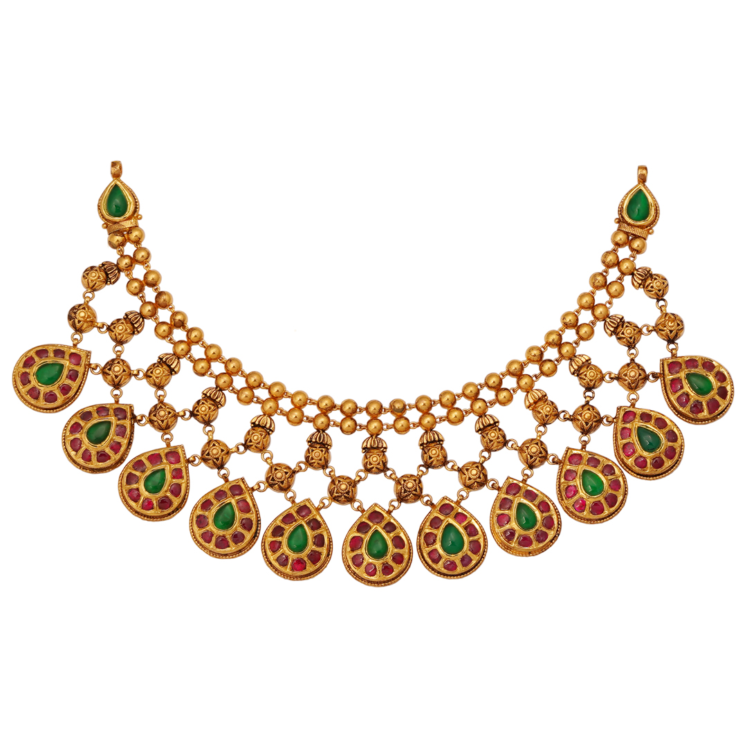 3-Layer Antique Gold Necklace with Earrings