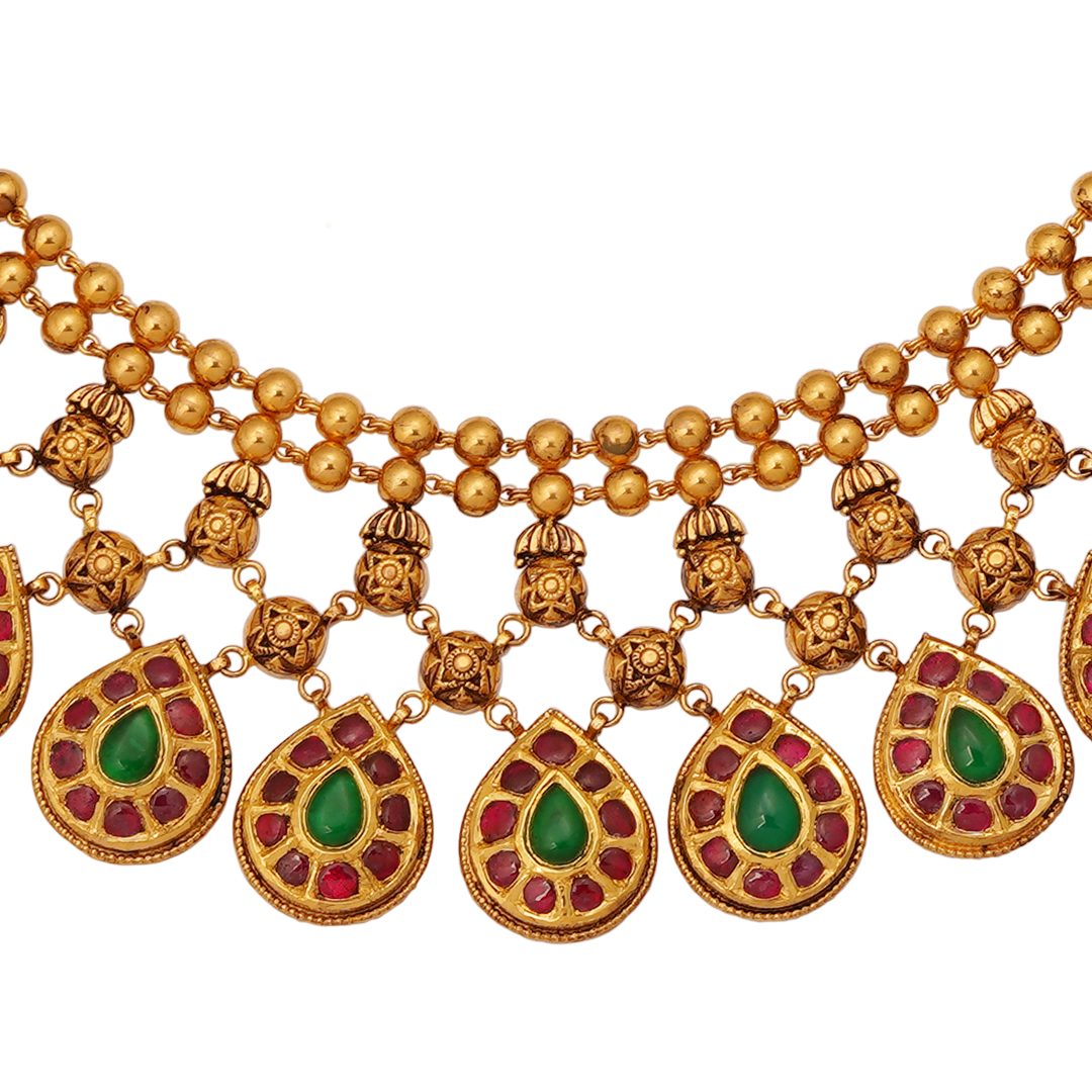 3-Layer Antique Gold Necklace with Earrings